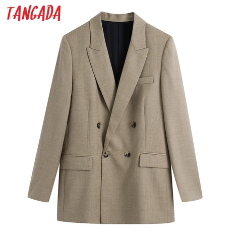 Tangada Women 2022 Double Breasted Khaki Blazer Coat Vintage Long Sleeve Pockets Casual Outerwear Chic Veste BE385