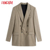 Tangada Women 2022 Double Breasted Khaki Blazer Coat Vintage Long Sleeve Pockets Casual Outerwear Chic Veste BE385