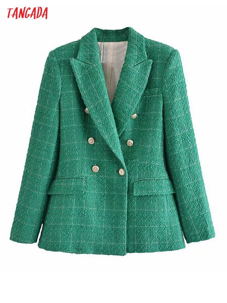 Tangada Women 2023 Green Tweed Blazer Coat Vintage Double Breasted Long Sleeve Female Outerwear Chic Tops 3H838