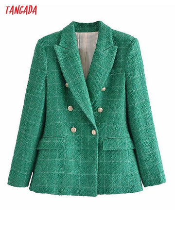 Tangada Women 2023 Green Tweed Blazer Coat Vintage Double Breasted Long Sleeve Female Outerwear Chic Tops 3H838