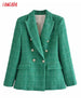 Tangada Women 2023 Green Tweed Blazer Coat Vintage Double Breasted Long Sleeve Female Outerwear Chic Tops 3H838