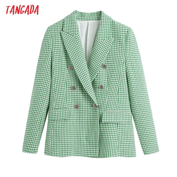Tangada Women 2022 Office Wear Green Plaid Tweed Double Breasted Blazer Coat Vintage Female Outerwear BE926