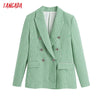 Tangada Women 2022 Office Wear Green Plaid Tweed Double Breasted Blazer Coat Vintage Female Outerwear BE926