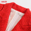 Tangada Women 2022 Office Wear Red Tweed Double Breasted Blazer Coat Vintage Long Sleeve Pockets Female Outerwear BE930
