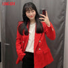 Tangada Women 2022 Office Wear Red Tweed Double Breasted Blazer Coat Vintage Long Sleeve Pockets Female Outerwear BE930