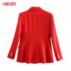 Tangada Women 2022 Office Wear Red Tweed Double Breasted Blazer Coat Vintage Long Sleeve Pockets Female Outerwear BE930