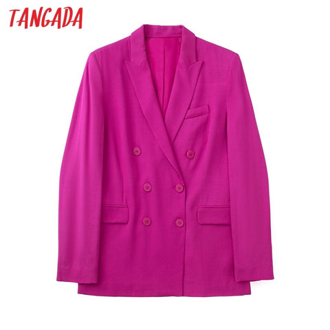 Tangada Women 2023 Chich Hotpink Blazer Coat Vintage Double Breasted Long Sleeve Female Outerwear Chic Tops JE138