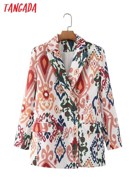 Tangada Women 2023 Double Breasted Print Blazer Coat Vintage Long Sleeve Flap Pockets Female Suit DA133