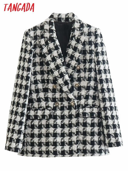 Tangada Women 2023 Double Breasted Tweed Blazer Coat Thick Long Sleeve Flap Pockets Female Suit 4N24