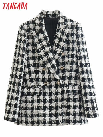 Tangada Women 2023 Double Breasted Tweed Blazer Coat Thick Long Sleeve Flap Pockets Female Suit 4N24