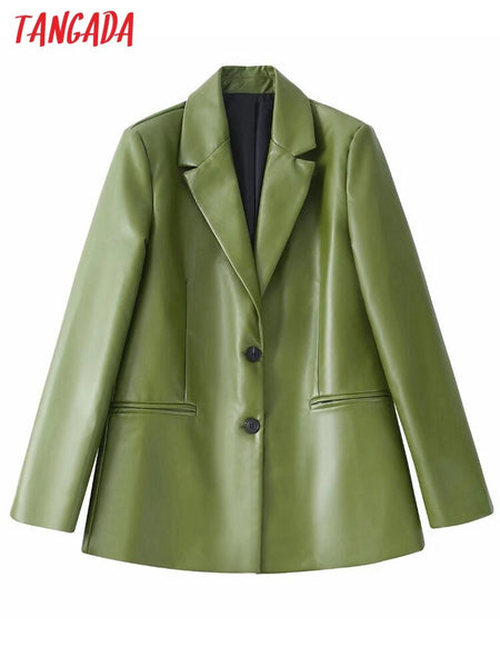 Tangada Women 2023 Green Faux Leather Blazer Coat Vintage Long Sleeve Female Outerwear Chic Tops BE329