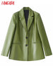 Tangada Women 2023 Green Faux Leather Blazer Coat Vintage Long Sleeve Female Outerwear Chic Tops BE329
