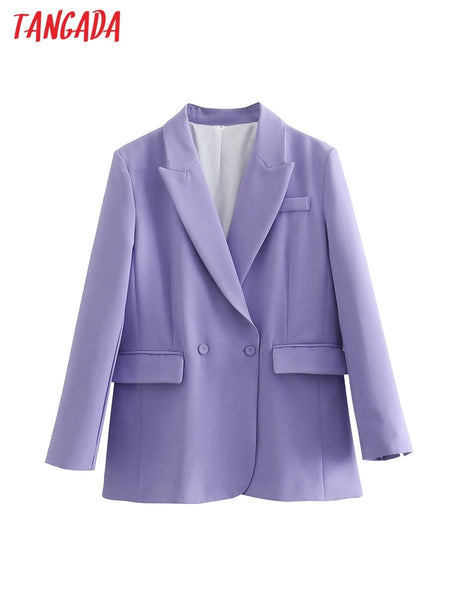 Tangada Women 2023 Solid Blazer Coat Vintage Double Breasted Long Sleeve Female Outerwear Chic Tops QJ46