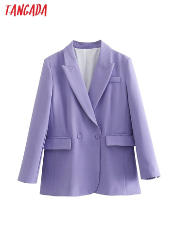 Tangada Women 2023 Solid Blazer Coat Vintage Double Breasted Long Sleeve Female Outerwear Chic Tops QJ46