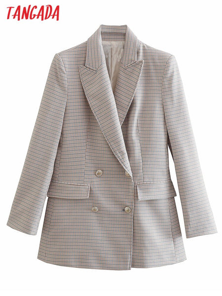 Tangada Women 2023 Tweed Blazer Coat Vintage Double Breasted Long Sleeve Female Outerwear Chic Tops QD44