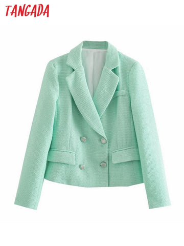 Tangada Women 2023 Green Tweed Blazer Coat Vintage Long Sleeve Female Outerwear Chic Tops QD18