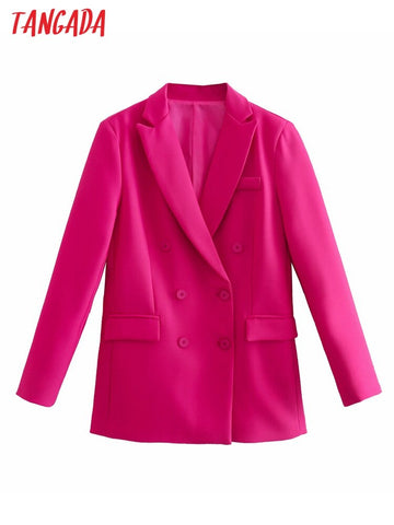 Tangada Women 2023 Hotpink Blazer Coat Vintage Double Breasted Long Sleeve Female Outerwear Chic Tops QD62
