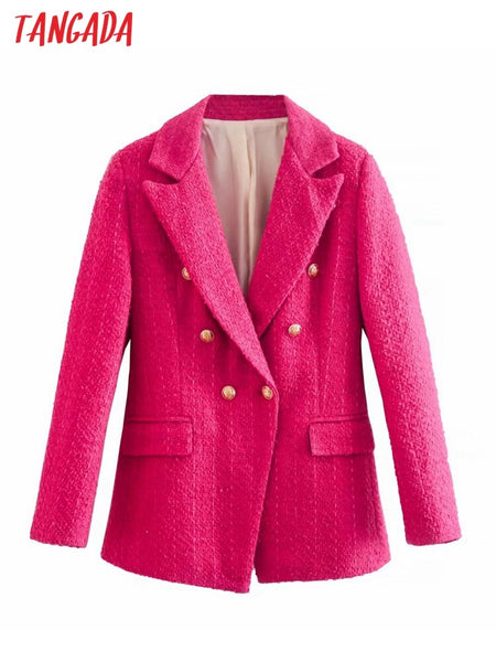 Tangada Women 2023 Hotpink Tweed Blazer Coat Vintage Long Sleeve Female Outerwear Chic Tops QD68