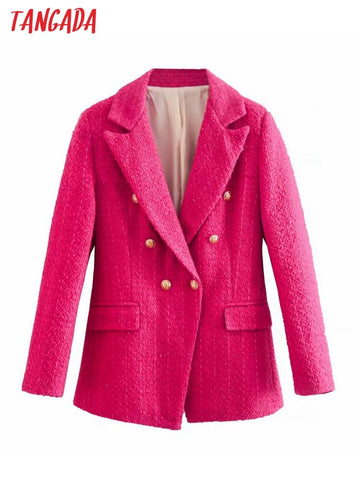 Tangada Women 2023 Hotpink Tweed Blazer Coat Vintage Long Sleeve Female Outerwear Chic Tops QD68