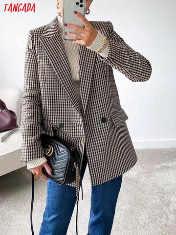 Tangada Women 2023 Plaid Blazer Coat Vintage Double Breasted Long Sleeve Female Outerwear Chic Tops QJ68