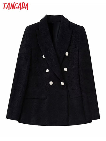 Tangada Women 2023 Winter Black Tweed Blazer Coat Vintage Long Sleeve Female Outerwear Chic Tops 3H385