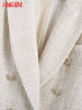 Tangada Women Beige Tweed Double Breasted Blazer Coat Vintage Long Sleeve Flap Pockets Female Outwear BE177