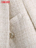 Tangada Women Beige Tweed Double Breasted Blazer Coat Vintage Long Sleeve Flap Pockets Female Outwear BE177