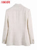 Tangada Women Beige Tweed Double Breasted Blazer Coat Vintage Long Sleeve Flap Pockets Female Outwear BE177