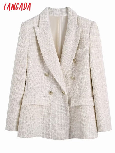 Tangada Women Beige Tweed Double Breasted Blazer Coat Vintage Long Sleeve Flap Pockets Female Outwear BE177