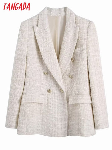Tangada Women Beige Tweed Double Breasted Blazer Coat Vintage Long Sleeve Flap Pockets Female Outwear BE177