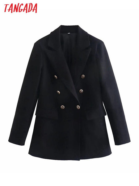 Tangada Women Black Buttons Blazer Female Long Sleeve Elegant Jacket Ladies Work Wear Blazer Formal Suits 4M273