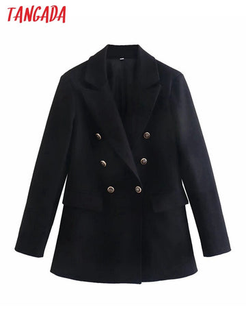 Tangada Women Black Buttons Blazer Female Long Sleeve Elegant Jacket Ladies Work Wear Blazer Formal Suits 4M273
