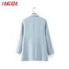 Tangada Women Blue Blazer Coat Vintage Notched Collar Pocket 2022 Female Casual Chic Tops DA09