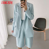 Tangada Women Blue Blazer Coat Vintage Notched Collar Pocket 2022 Female Casual Chic Tops DA09