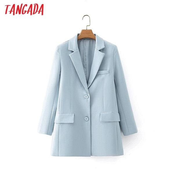 Tangada Women Blue Blazer Coat Vintage Notched Collar Pocket 2022 Female Casual Chic Tops DA09
