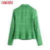 Tangada Women Double Breasted Green Tweed Blazer Coat Vintage Long Sleeve Office Lady Outerwear BE611