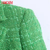 Tangada Women Double Breasted Green Tweed Blazer Coat Vintage Long Sleeve Office Lady Outerwear BE611