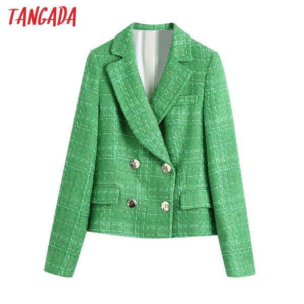 Tangada Women Double Breasted Green Tweed Blazer Coat Vintage Long Sleeve Office Lady Outerwear BE611