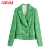 Tangada Women Double Breasted Green Tweed Blazer Coat Vintage Long Sleeve Office Lady Outerwear BE611