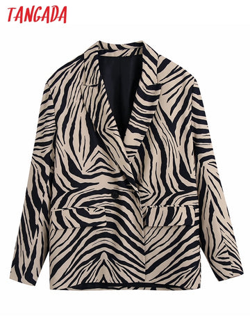 Tangada Women Double Breasted Zebra Print Suit Blazer Coat Vintage Long Sleeve Flap Pockets Female Outerwear BE174