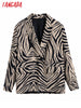 Tangada Women Double Breasted Zebra Print Suit Blazer Coat Vintage Long Sleeve Flap Pockets Female Outerwear BE174