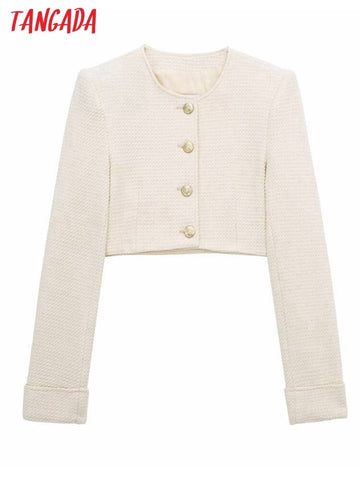 Tangada Women Tweed Crop Blazer Coat Vintage Long Sleeve Flap Pockets Female Suit 3H129