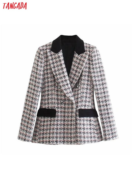 Tangada Women with Contrast Piping Tweed Blazer Coat Vintage Long Sleeve Pockets Female Outerwear 3H108