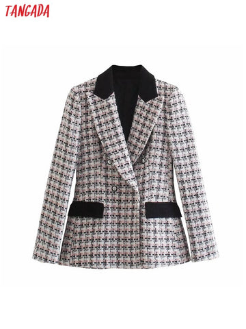 Tangada Women with Contrast Piping Tweed Blazer Coat Vintage Long Sleeve Pockets Female Outerwear 3H108