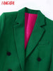 Tangada Women Green Double Breasted Buttoned Green Blazer Coat Vintage Long Sleeve Welt Pockets Female Suit BE525