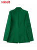 Tangada Women Green Double Breasted Buttoned Green Blazer Coat Vintage Long Sleeve Welt Pockets Female Suit BE525