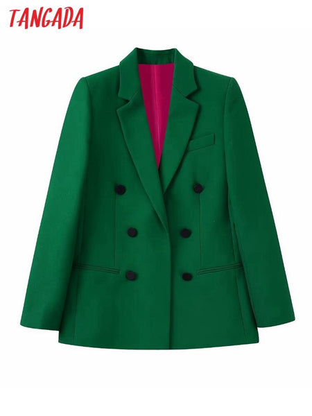 Tangada Women Green Double Breasted Buttoned Green Blazer Coat Vintage Long Sleeve Welt Pockets Female Suit BE525