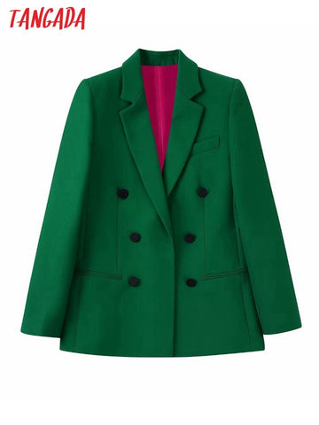 Tangada Women Green Double Breasted Buttoned Green Blazer Coat Vintage Long Sleeve Welt Pockets Female Suit BE525