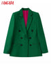 Tangada Women Green Double Breasted Buttoned Green Blazer Coat Vintage Long Sleeve Welt Pockets Female Suit BE525