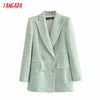 Tangada Women Green Tweed Blazer Coat Vintage Notched Collar Pocket 2022 Female Casual Chic Tops 3H408